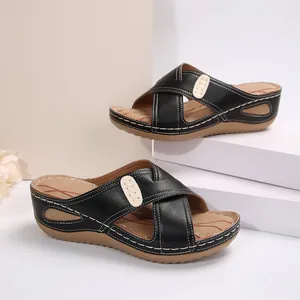 Retro black wedge sandals for women with cross straps and contrast stitching details.