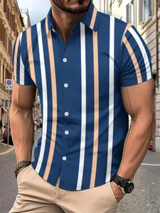 Premium ανδρικό casual κοντομάνικο πουκάμισο με μπλε λευκές και μπεζ κάθετες ρίγες