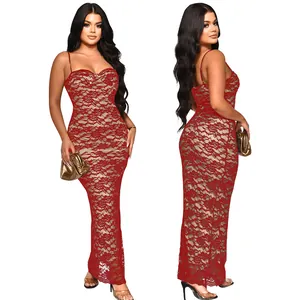 Elegantes bodenlanges rotes Spitzenkleid mit Spaghetti-Trägern und figurbetonter Passform