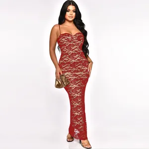 Elegantes rotes Spitzen-Maxikleid mit Spaghettiträgern für Abendpartys und Anlässe.
