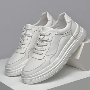 Men Genuine Cowhide Leather Casual Sneakers White Lightweight Breathable Lace-up Flat Board Shoes Low Top Comfortable Daily Fashion