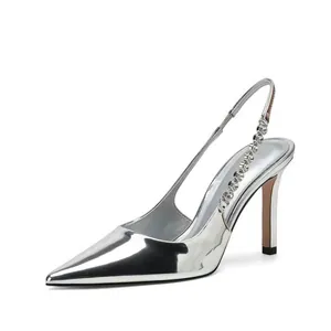 Elegant silver pointed-toe stiletto pumps with a sparkling rhinestone slingback strap