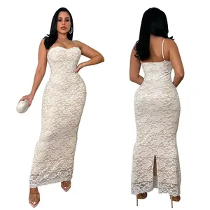 Weißes Spitzen-Bodycon-Maxikleid mit Herzausschnitt und Rückenschlitz, Front- und Rückansicht