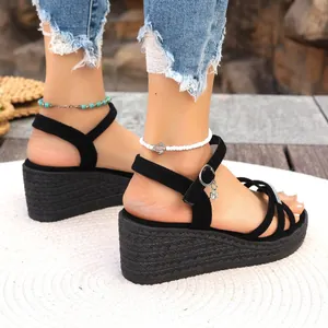 Sandali platform neri da donna con cinturino in strass e zeppa espadrillas intrecciata