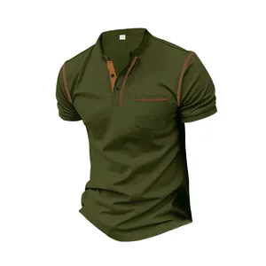 Detail view of men's olive green Henley shirt with contrast stitching and chest pocket