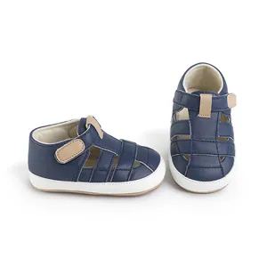 Navy blue soft-sole infant walking shoes for babies aged 0-1 years old, side view