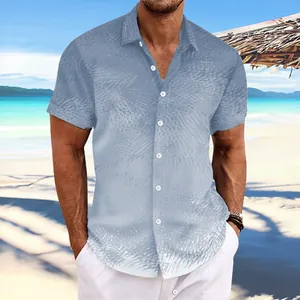 Chemise homme à manches courtes avec dégradé bleu et imprimé palmier et col à revers