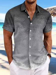 Chemise Décontractée à Manches Courtes pour Hommes Dégradé Rayé Imprimé Feuilles de Palmier Revers Boutonné Top en Polyester Été Plage Vacances Chemise