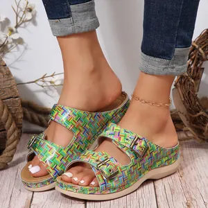 Women First Layer Cowhide Wedge Slippers Double Buckle Plaid Crocodile Pattern Round Toe Hollow Platform Sandals Summer Outdoor Slides