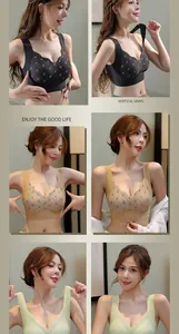 Detailed views of seamless lace push-up bralettes in multiple colors shown on an Asian model