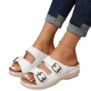 Women's white crocodile texture slide sandals with double metal buckles and wedge heel