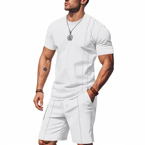 Full view of men's white waffle knit t-shirt and shorts two-piece summer set