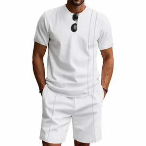 Detailed view of men's white waffle knit t-shirt and shorts set for casual summer outfits