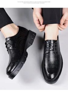 Macro detail of men's black perforated leather business shoes with thick height-increasing soles
