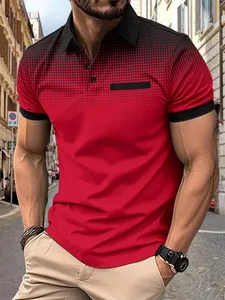Stylish men's summer polo shirt featuring a red and black polka dot gradient print