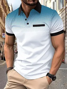 Stylish men's summer polo shirt featuring a blue gradient dot print and black lapel.