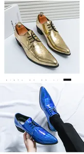 Close-up of metallic pointed-toe dress shoes with paisley floral embossing pattern
