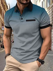 Stylish men's summer polo shirt featuring blue gradient polka dot print and black collar