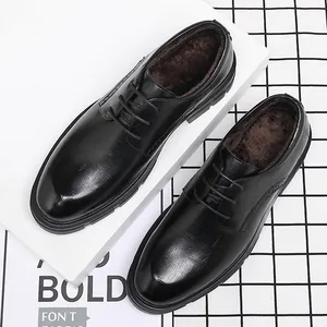 Elegant black business dress shoes with warm fleece lining and elevator sole for men