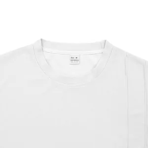 Close-up of white waffle knit t-shirt crew neck and size M polyester wash label