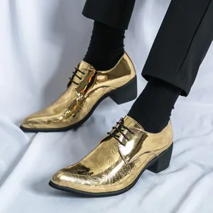 Men's stylish gold patent leather shoes with paisley embossing and chunky heels
