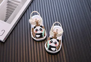 Detailed view of cute panda cartoon toddler sandals with soft closed-toe design