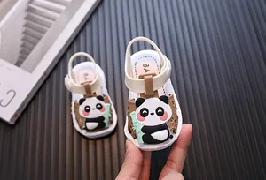 Detailed view of toddler summer sandals featuring a cute 3D panda cartoon decoration