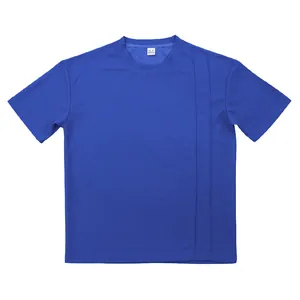 Detail of blue waffle knit crew neck t-shirt with vertical decorative stripes