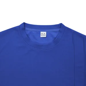 Close-up detail of blue waffle knit t-shirt neckline showing texture and size tag