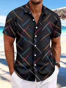 Close-up of men's short-sleeve beach shirt with a vibrant colorful diagonal stripes pattern