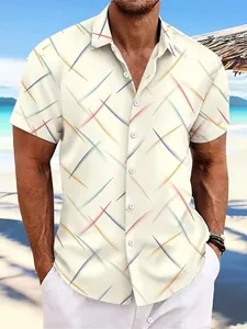 Detail of mens summer beach shirt with colorful feather pattern and button-down collar