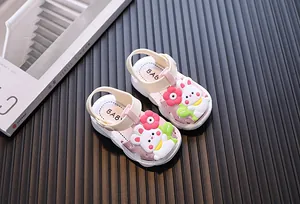 Detailed view of pink toddler girls' sandals with cute cartoon bunny and flower decor.