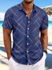 Men's stylish dark blue short sleeve beach shirt featuring abstract geometric line patterns