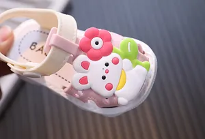 Macro detail of cute 3D cartoon bunny decoration on pink infant summer walking sandals