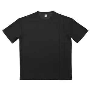 Detail shot of black waffle knit crew neck t-shirt with vertical stripe accent.