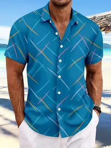 Detail view of men's blue beach shirt featuring a vibrant geometric line pattern