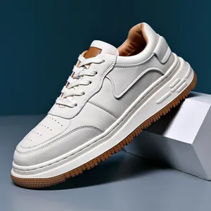 Chaussures de Skate Décontractées pour Hommes Blanc Mode Baskets en Cuir de Vachette Légères Semelle en Mousse Souple