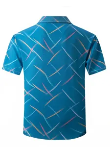 Detailed back view of men's blue casual short sleeve shirt with vibrant feather