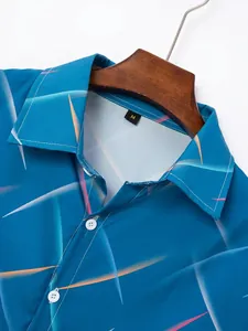 Detailed view of the collar and fabric texture of a blue feather print beach shirt
