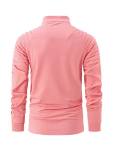 Back view detail of pink men's athletic long-sleeve shirt with pleated shoulder panels.