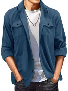 Detail view of a men's blue suede casual jacket with lapel and front pockets