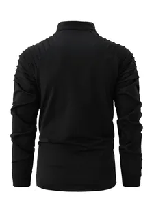 Back view of a men's black long-sleeve sports shirt featuring pleated shoulder detail.