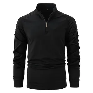 Premium black men's long-sleeve half-zip pullover shirt featuring pleated shoulder design.