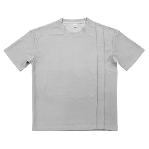 Close-up front view of grey waffle knit round neck T-shirt with vertical seam detail