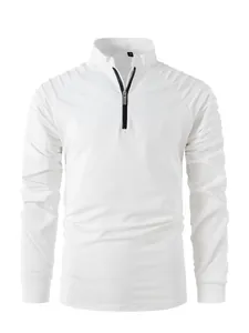 White men's quarter-zip sports pullover featuring unique pleated shoulder and sleeve texture.
