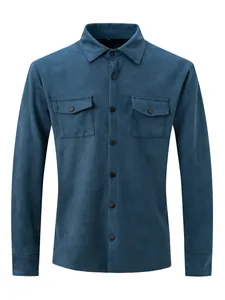 Detailed front view of men's blue suede casual jacket with dual flap chest pockets
