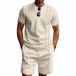 Men's summer casual waffle knit T-shirt and shorts two-piece set in elegant beige color