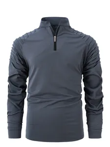 Detailed view of men's gray long sleeve zipper shirt with pleated shoulder design