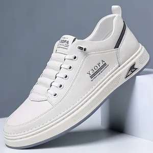 Zapatillas Bajas de Cuero de Vaca para Hombre Casuales Sin Cordones Moda Deporte Zapatos de Tabla Blanco Primavera Otoño