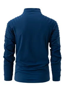 Rear view of blue long-sleeve sports jacket with textured shoulder details